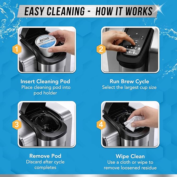 ACTIVE K-Cup Compatible Keurig Cleaning Pods - Quick-Rinse Cleaners for Single Serve Coffee Machine, 12 Month Coffee Maker Cleaner Kit, Brewer Clean Cups for Keurig 1.0, 2.0, Mini Machines - 12 Pack