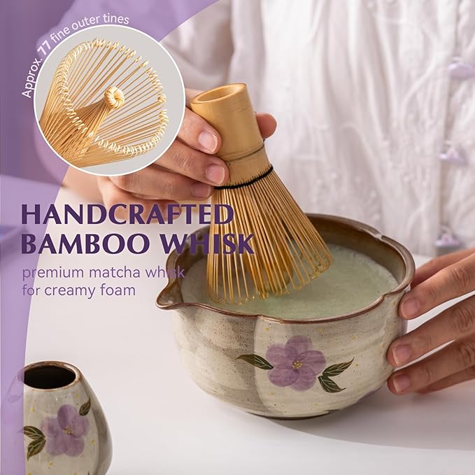 Matcha Whisk Set, 7Pcs Matcha Set with Hand-Painted Ceramic Matcha Bowl, Matcha Whisk and Holder, Scoop and Rest, Sifter, Tea Towel, Artisan Matcha Kit for Ceremony & Gifting (Purple)