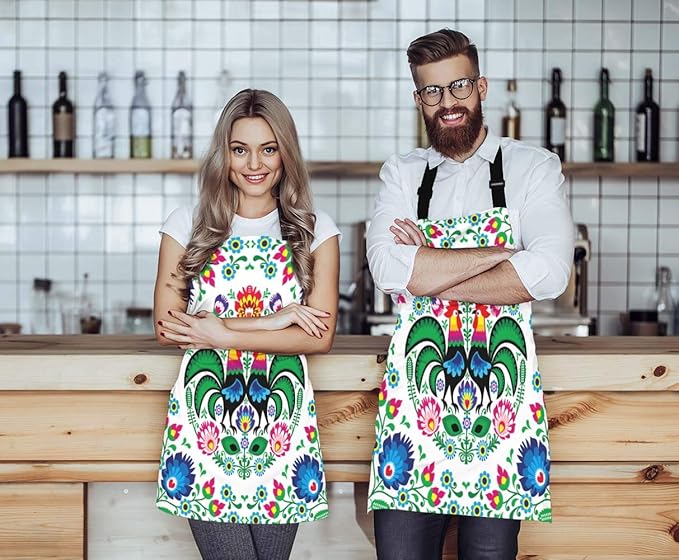 Wondertify Polish Floral Folk Art Apron,Square Pattern with Rooster Lowicz Cutouts Patterns Green Bib Apron with Adjustable Neck for Men Women,Suitable for Home Kitchen Cooking Bistro Baking BBQ Apron