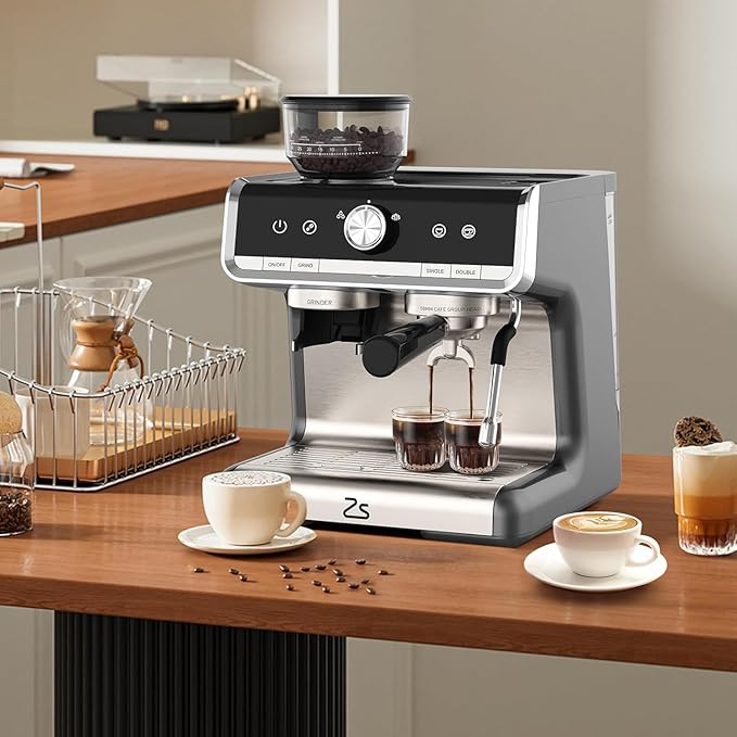 Espresso Machine With Grinder, 20 Bar Professional Coffee Maker With Milk Frother Steam Wand for Cappuccino, Latte, Macchiato, 95 oz Removable Water Tank, Smart PID Temperature Control,Gray