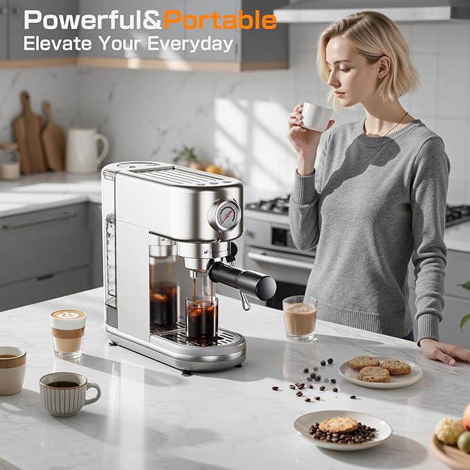 Espresso Machine, 20 Bar Compact Espresso Coffee Machine with Milk Frother, Stainless Steel Coffee Maker with 44oz Removable Water Tank & Fast Heat System for Cappuccino, Latte