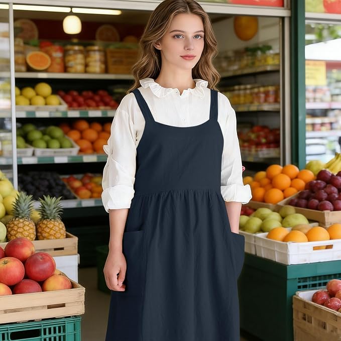 Cotton Linen Cross Back pinafore Apron Dress for Women with Pockets for Cooking Cleaning - Crossback Apron - Blue - without Waist Ties - Image 7