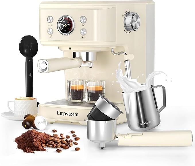 Espresso Machine 20 Bar, 2 in 1 Espresso Maker with Milk Frother Steam Wand for Latte and Cappuccino, Powder and Capsule Portafilter, 50oz Removable Water Tank Coffee Machine for Home-White