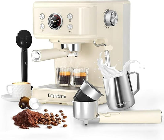 Espresso Machine 20 Bar, 2 in 1 Espresso Maker with Milk Frother Steam Wand for Latte and Cappuccino, Powder and Capsule Portafilter, 50oz Removable Water Tank Coffee Machine for Home-White
