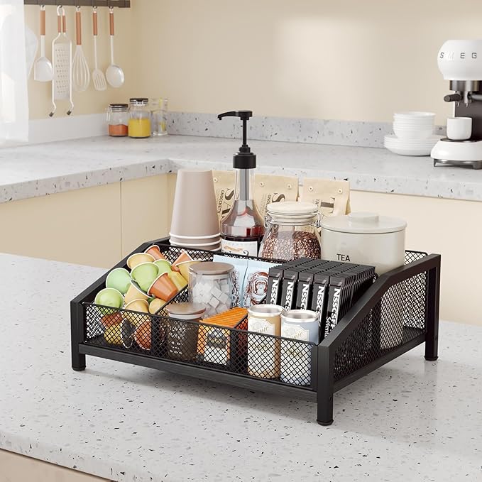 Homsorout Coffee Station Organizer - Coffee Bar Organizer with Removable Dividers for Pods Condiment Syrup Tea Stirrers, K Cup Holder for Kitchen, Office, Home, Countertop, Black