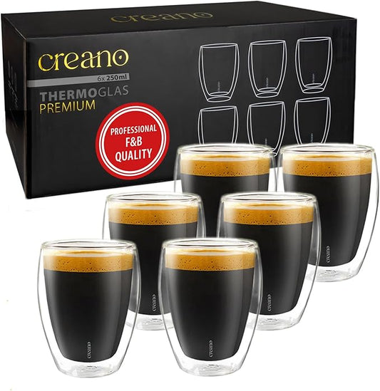Creano Premium Double-Walled Drinking Glasses 9oz / 250 ml - Set of 6 - Professional Quality - 100% Dishwasher Safe (6x 9oz)