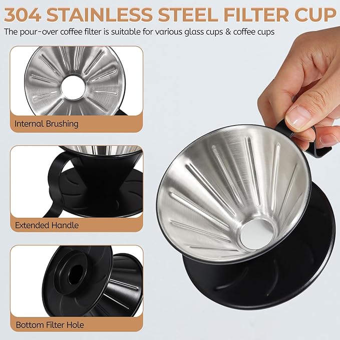Pour Over Coffee Maker 350ml Milk Frothing Pitcher 304 Thickened Stainless Steel Drip Coffeemaker Set with 50pcs V60 Cone Paper Filters Hand Brew Dripper Carafe for Home Camping Travel 12oz
