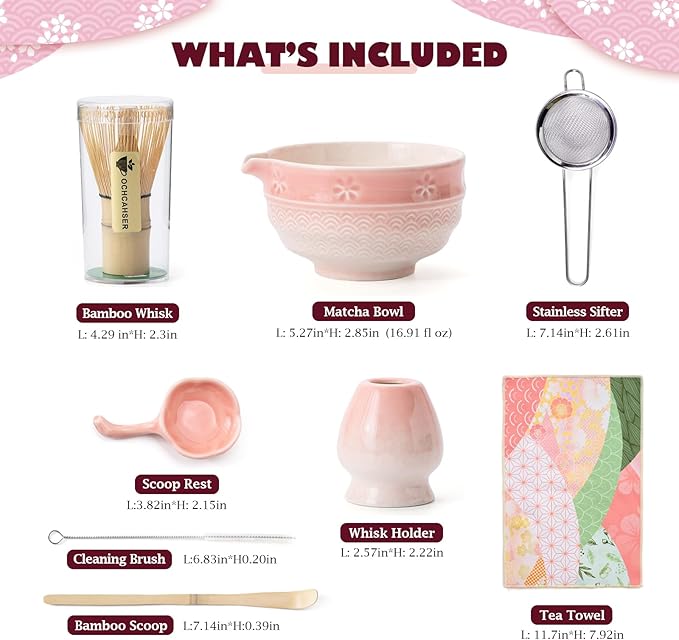 Matcha Tea Set, 8 Pcs Japanese Matcha Kit with Cherry Blossom and Wave Design Ceramic Bowl, Bamboo Whisk, Whisk Holder, Scoop, Sifter, Brush, Matcha Kit Set for Matcha Lovers (Pink Gradient)
