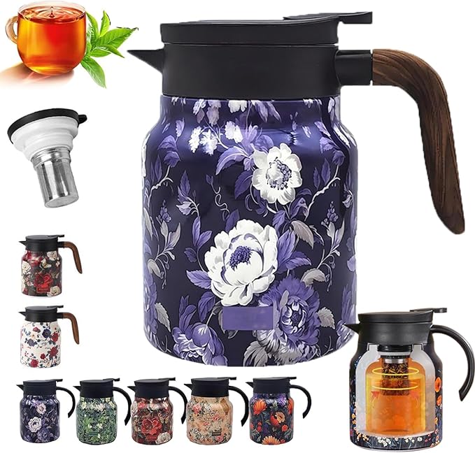 Insulated Tea Pots,Vintage Floral Pattern Tea Pot-Built-in Infuser,Colorful Vintage Floral Pattern Teas,Stainless Steel Teapot 1000mL with Lid for Hot Drinks,Blue(Wooden Handle,35OZ)