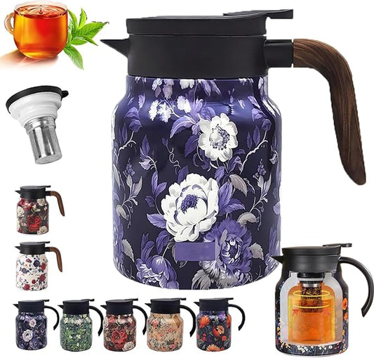 Insulated Tea Pots,Vintage Floral Pattern Tea Pot-Built-in Infuser,Colorful Vintage Floral Pattern Teas,Stainless Steel Teapot 1000mL with Lid for Hot Drinks,Blue(Wooden Handle,35OZ)