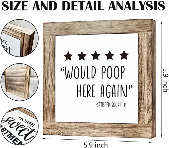 Humorous Bathroom Sign, Would Poop Here Again, Wooden Box Signs for Home Decors, Toilet Decor, Guest Bathrooms Decors, Farmhouse Bathrooms Decor Table top, Bathroom Box Sign B6-97 - Image 2