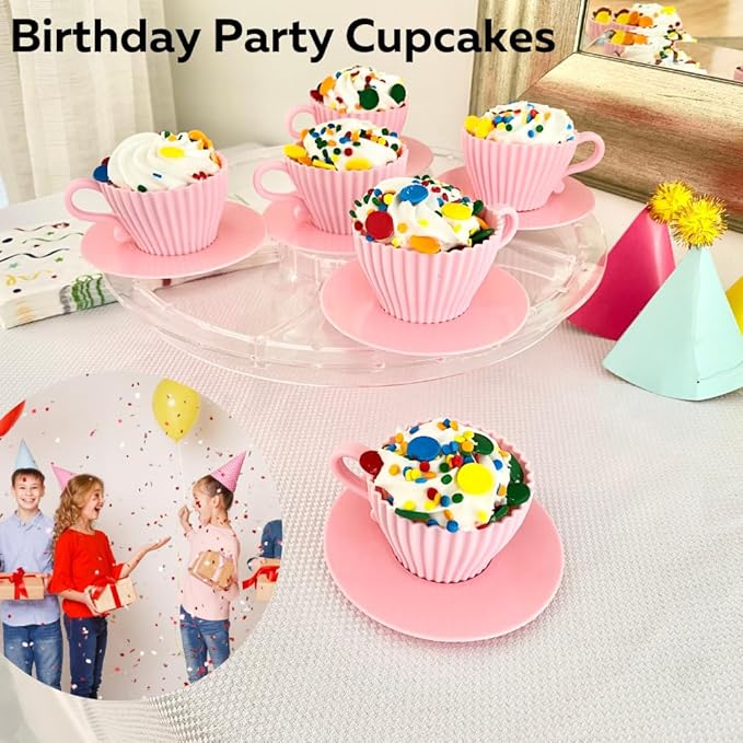 Evelots Baking Cupcake Molds - Silicone Teacup Set - 12 Pc Set - Oven-Safe - Nonstick - Muffin Cups for Bridal/Baby Shower, Birthday/Tea Party - 6 Cups & 6 Saucers - BPA Free