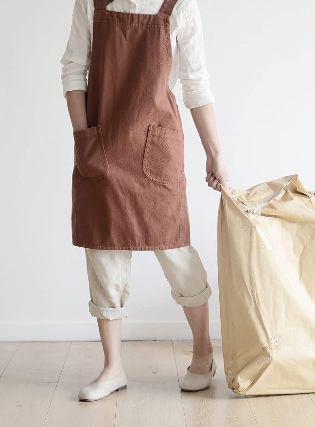 Japanese Cotton Linen Cross Back Apron with Pockets,Fashion Pinafore Dress for Gardening Painting Cleaning Cooking - Image 2