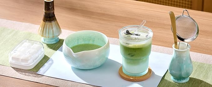 Matcha Whisk Set – Crystalline Glaze Bowl, Bamboo Whisk & Holder, Scoop & Sifter with Holder, Cup with Lid & Straw, Ice Cube Tray & Tea Towel – Blue Matcha Gift Set for Women, Women Gifts