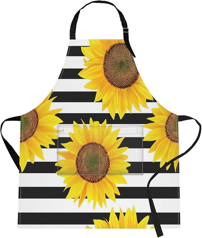 Britimes Apron with Pockets, 32x28 inch, for Women Men, Black White Flower | Sunflowers Striped Waterproof Adjustable Bib Aprons for Kitchen Cooking Baking Painting Gardening by Britimes
