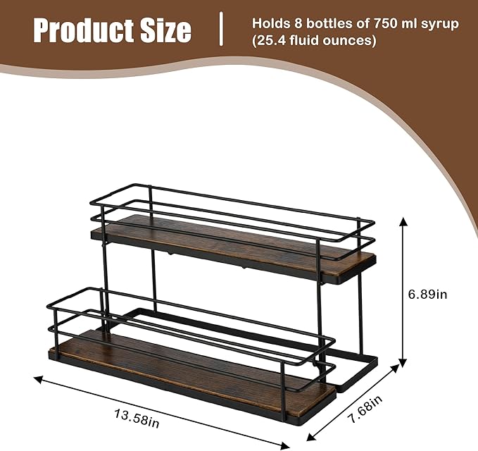 Coffee Syrup Organizer rack, 2 Tier Syrup Holder(8 Bottle Capacity) for coffee bar syrup storage,kitchen condiment organization and wine display.