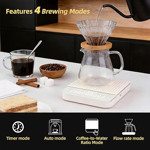 ShanSon Mini Coffee Scale with Timer,0.1g High Precision Espresso Scale,2kg/0.1g Digital Kitchen Scale with Flow Rate,USB-C Rechargeable,Waterproof Surface,Auto Timer for Pour Over & Espresso,Beige