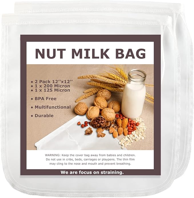 SCENGCLOS Nut Milk Bags, 12"x12", 2 Pack, Reusable Nylon Food Strainer, Multi-use Food Grade Filter for Almond Milk, Juice, Tea, Cold Brew Coffee(1x200 Micron & 1x125 Micron)
