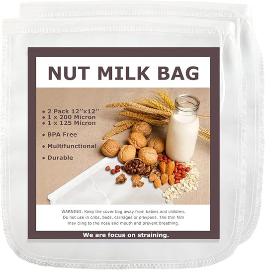 SCENGCLOS Nut Milk Bags, 12"x12", 2 Pack, Reusable Nylon Food Strainer, Multi-use Food Grade Filter for Almond Milk, Juice, Tea, Cold Brew Coffee(1x200 Micron & 1x125 Micron)