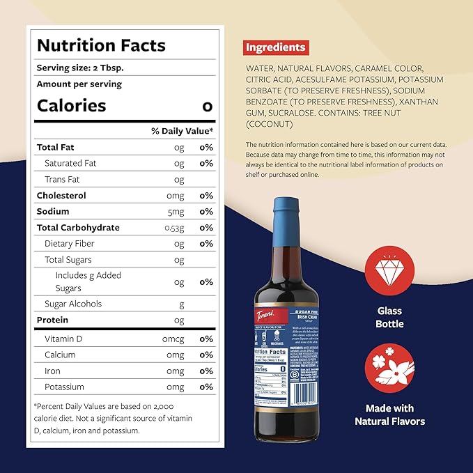 Torani Sugar Free Coffee Syrup, Irish Cream Syrup for Drinks, Zero Calorie, Glass Bottle with Pump Included, 25.4 Fl Oz