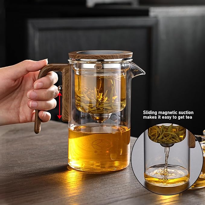Enchanti Tea Pot with Infusers for Loose Tea, 800ml/27.1oz Magic Teapot Infuser Pot, Water Separation Glass Teapot with Wooden Handle