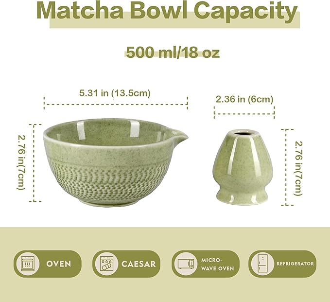 Matcha Bowl with Spout, 500 ml/18 oz Ceramic Matcha Mixing Bowl, Japanese Ceremonial Matcha Chawan for Matcha Powder/Salad/Fruit/Soup/Tea (Matcha Green | 2pcs)