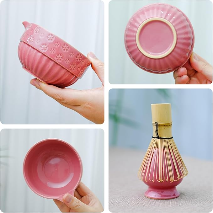 Joyscale Matcha Whisk Set, Matcha Set Whisk And Bowl, 8 Pcs Matcha Kit Set(Cherry Blossom Design), 18 OZ, Japanese Matcha Tea Set, Matcha Making Kit Gifts for Tea Lovers(Rouge Red)