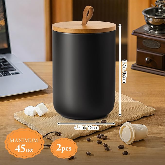 Canisters Sets for the Kitchen, Airtight Ceramic Canister with Wooden Lid, 45oz Black Coffee Canister with Scoop, 2 Piece Flour Sugar Storage Containers, Food Storage Jars for Countertop