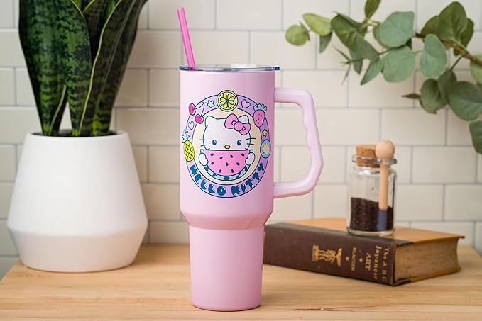 Silver Buffalo Sanrio Hello Kitty Summer Kawaii Fruits Double Walled Stainless Steel Tumbler with Handle, Fits in Standard Cup Holder, 40 Ounces