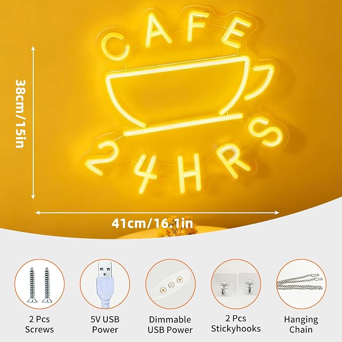 Cafe 24 HRS Neon Sign, Coffee Cup Accent USB Powered Decorative Neon Light for 24 Hour Cafe Shop Restaurant Home Wall Table Food Service Theme Decor 16.1 x 15 In - Image 3