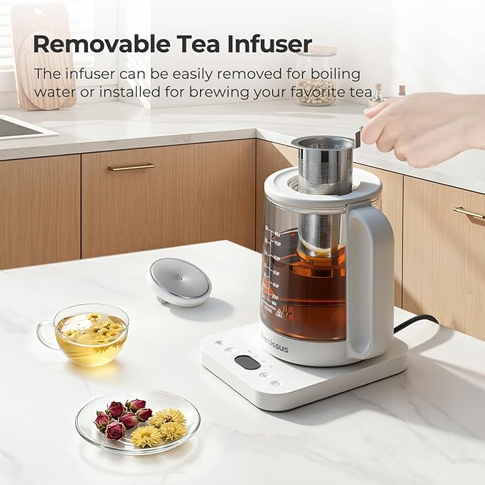 Narcissus Electric Kettle Temperature Control ±5℉, 1.8L Glass Electric Tea Kettle with Removable Infuser for Flowers & Fruit Tea, 1200W Fast Boiling, 6 Hours Keep Warming, White