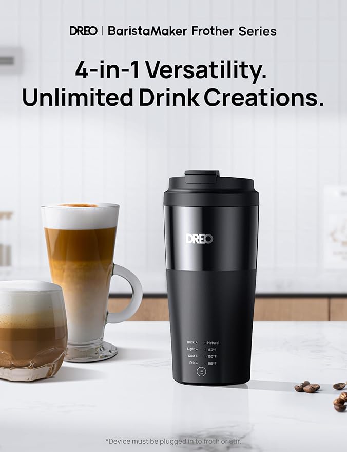DREO Milk Frother, 4-in-1 Electric Frother for Coffee, Hot and Cold Foam Maker for Cappuccino, Flat-white, Latte with Plant-based and Dairy Milk, Multi-stage, Easy to Clean, Temperature Control, Black
