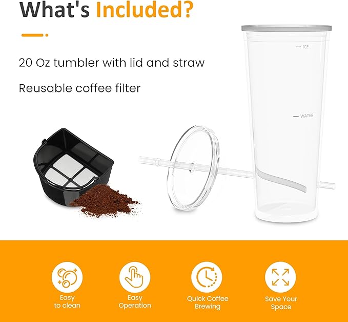 Cold Brew Coffee Maker with Reusable Coffee Filter and Insulated Pitcher, 20 Oz Iced Tea Maker for Ground Coffee, Single Serve Machine for Home, Strength Control for Flavor, Black