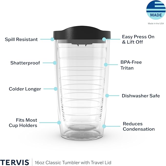 Tervis Clear & Colorful Lidded Made in USA Double Walled Insulated Tumbler Travel Cup Keeps Drinks Cold & Hot, 16oz, Navy Lid