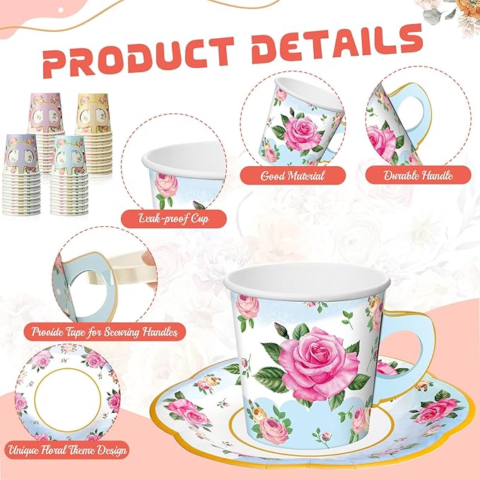 36 Sets Tea Party Decorations 9 oz Floral Paper Tea Cups with Handle and Plates Disposable Blossom Teacups and Saucers Sets for Girls Kids Birthday Garden Wedding Party Supplies(Gradient Mixed Color)