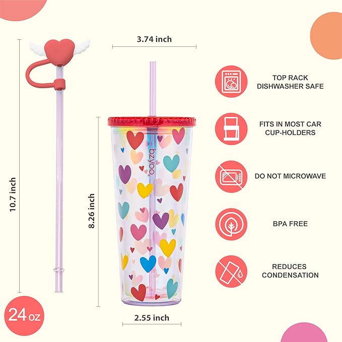 bzyoo 24 oz SIP Tumbler with Heart-Shaped w/Wing Straw Cap Cover – Cute Heart Design Iridescent Tumbler, BPA-Free Cup with Lid and Straw, Perfect for Iced Coffee, Tea, Party and Gift