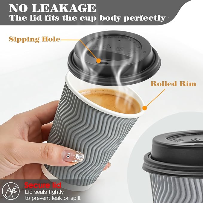 Ginkgo 100 Pack 8 oz Disposable Insulated Coffee Cups With Lids, Double-Walled Ripple To Go Paper Travel Cups for Hot Drinks - Gray