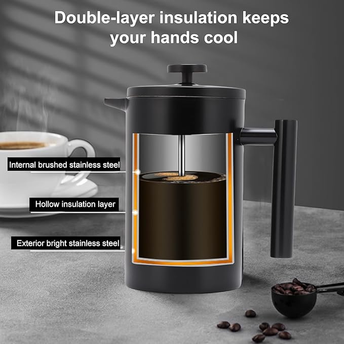 Enfmay 350ml French Press Coffee Maker, 304 Stainless Steel Double Wall Insulated Coffee Maker Pot, Triple Filtration System for Optimal Brew, Ideal for Home, Office, Camping (Black, 12 oz)