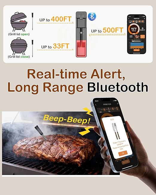 Bluetooth Wireless Meat Thermometer for Oven: Smart 572℉ Oven-Safe Probe with 900ft Remote Range for Juicy Meat - Easy Setup App Auto Alerts Dishwasher Safe for Grilling Cooking Smoking