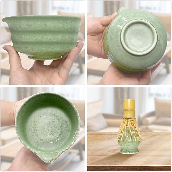 Matcha Whisk Set Green 6PCS Matcha Whisk and bowl(Chawan) With Matcha Spoon and sifter Matcha Kit for Ceremony Matcha Tea Set Gift for Matcha Lovers