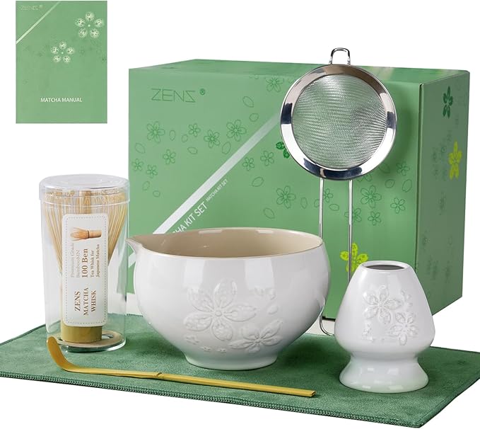 ZENS Matcha Whisk Set, Ceramic Matcha Kit Set Includes Matcha Bowl, Bamboo Whisk and Scoop, Chasen Holder, 304 Sifter and Tea Mat - 6Pcs Matcha Kit for Matcha Lovers (White)