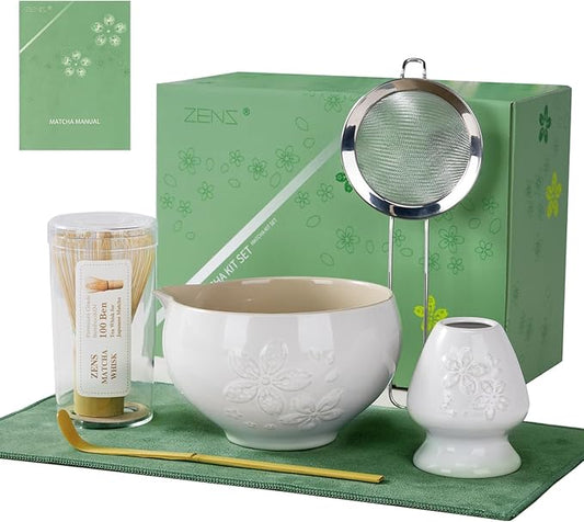 ZENS Matcha Whisk Set, Ceramic Matcha Kit Set Includes Matcha Bowl, Bamboo Whisk and Scoop, Chasen Holder, 304 Sifter and Tea Mat - 6Pcs Matcha Kit for Matcha Lovers (White)
