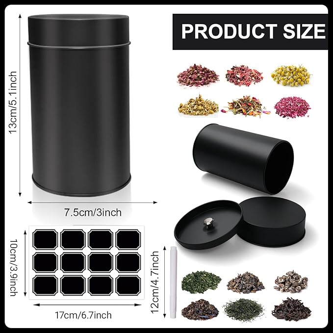 15 Pack 16oz Metal Tea Tins Black Tea Round Tin Can Container with Airtight Double Lids for Loose Leaf Tea Storage in Kitchen, Sugar, Spices