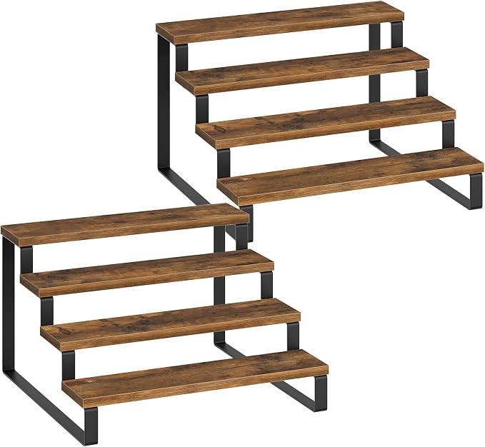 YATINEY Spice Rack, 4 Tier Wooden Display Riser Stand, Kitchen Storage Organizer for Spices, Versatile Display Shelf, Space Saving, for Kitchen Countertop and Cabinet, Rustic Brown SR04L2BR by Yatiney