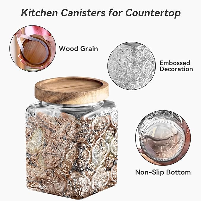 Glass Jar with Lid, Vintage Glass Storage Jars with Airtight Lid Coffee Canister Sugar Container for Kitchen Counter Pantry, Flour, Candy, Tea, Coffee Beans, Oats (Begonia Square*2)