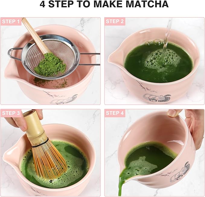 Matcha Whisk Set, Ceremonial Grade Pink Matcha Set, Premium Japanese Matcha Kit with Bamboo Whisk for Matcha Tea, Mixing Bowl, Scoop, Sifter and Matcha Whisk Holder