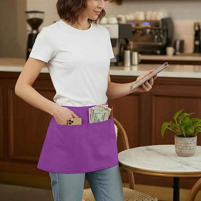 BOHARERS Waist Purple Apron with 3 Pockets - Black Waitress Server Short Apron