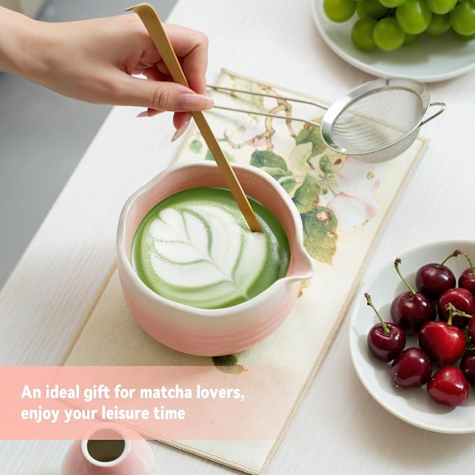 Matcha Whisk Set Ceramic Matcha Set Includes Bowl,Spout Bamboo Chasen Whisk with Ceramic Holder, Matcha Scoop and Stainless Sifter, Matcha Kit Valentine's Day Gifts for Women(7Pcs,Pink)