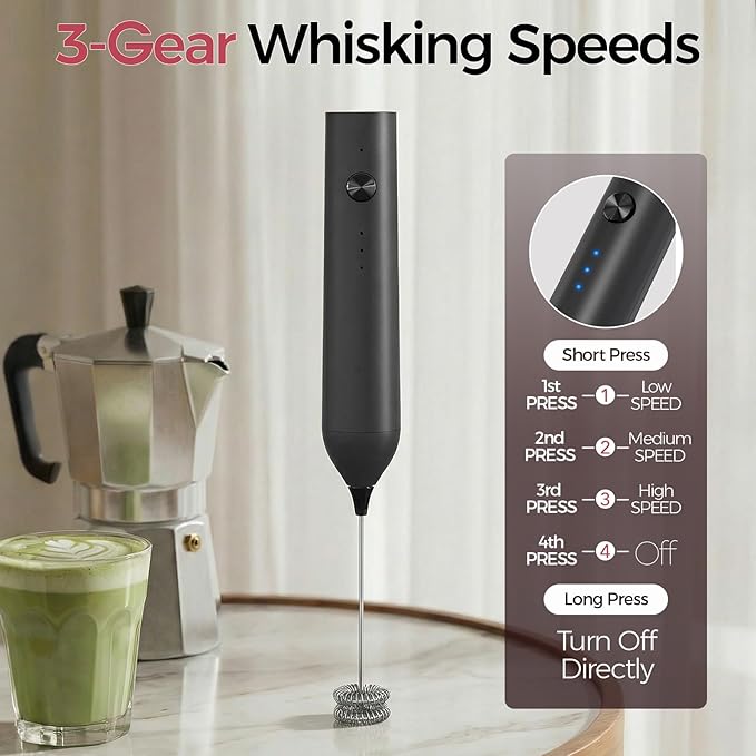 YARRAMATE Electric Milk Frother Wand with Stainless Steel Whisk and Stand, Fast Rechargeable Coffee Mixer with 3 Speeds, Handheld Drink Stirrer, Whisk Foam Maker for Lattes, Cappuccino, Matcha (Black)