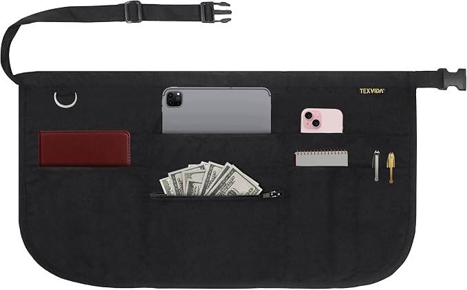 7 Pockets Server Apron with Buckle Closure & Zippered Money Pouch – Stain Resistant, Black Waitress Apron by TEXVIDA